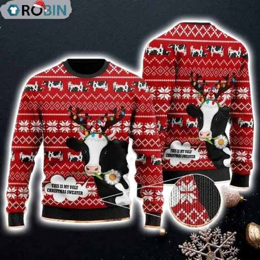 Christmas Patterns And Cow With Flower And Lig Gift For Christmas Ugly Christmas Sweater
