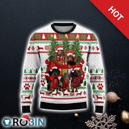 Dachshund Dog Red Truck Ugly Christmas Sweater, Dog Lover Christmas Sweater