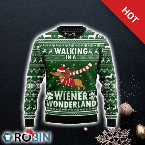 Dachshund Dog Walking In A Wiener Wonderland Ugly Christmas Sweater, Dog Lover Christmas Sweater
