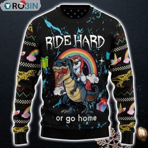Dinosaur Unicorn Ride Hard Ugly Christmas Sweatshirt