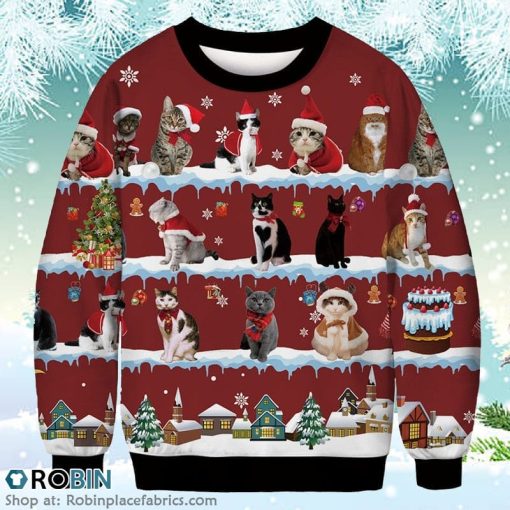 Funny Cats Merry Christmas Sweatshirt Christmas Ugly Sweater 3D Printed