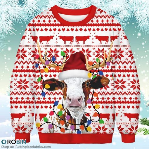 Funny Cow Light Merry Christmas Sweatshirt Christmas Ugly Sweater 3D Printed