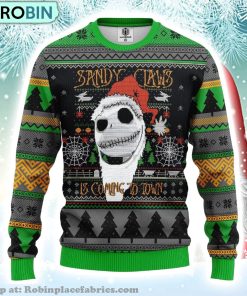 Jack Skellington Nightmare Before Christmas Sandy Claws Is Coming To Town Ugly Christmas Sweater
