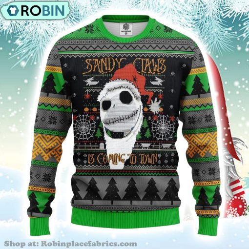 Jack Skellington Nightmare Before Christmas Sandy Claws Is Coming To Town Ugly Christmas Sweater