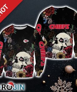 NFL Kansas City Chiefs Skull And Flowers Limited Edition Christmas Ugly Sweater Sweatshirt