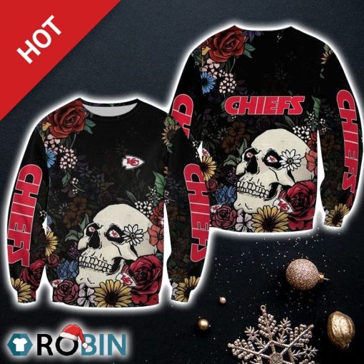NFL Kansas City Chiefs Skull And Flowers Limited Edition Christmas Ugly Sweater Sweatshirt