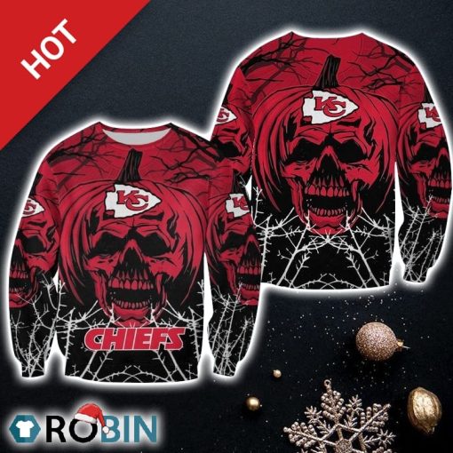 NFL Kansas City Chiefs Skull Pumpkin Halloween Limited Edition Christmas Ugly Sweater Sweatshirt