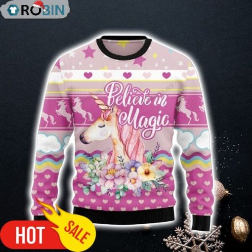 Unicorn Believe In Magic Ugly Christmas Sweatshirt