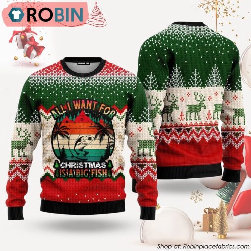All I Want For Christmas Is Big Fish Fishing Vintage Ugly Christmas Sweater