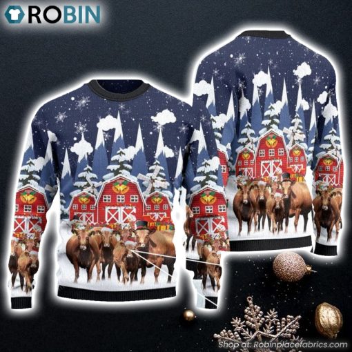 Angus Cattle Red Barn Farm Ugly Christmas Sweater, Perfect Gift and Outfit For Farmers on Christmas