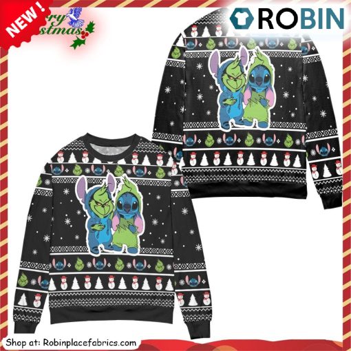 Baby Grinch And Stitch Snowman Pattern Claus Ugly Christmas Sweatshirt, Sweater