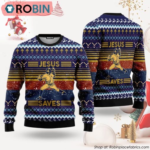 Baseball Funny Jesus Save Ugly Christmas Sweater