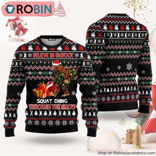 Believe In Bigfoot Squat Ugly Christmas Sweater