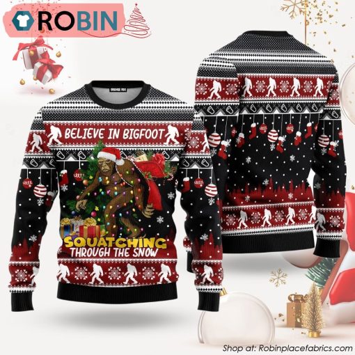 Believe In Bigfoot Squatching Through The Snow Ugly Christmas Sweater
