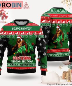 Believe In Bigfoot Squatching Through The Snow Ugly Christmas Sweater, Xmas Gifts