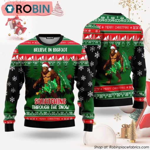 Believe In Bigfoot Squatching Through The Snow Ugly Christmas Sweater, Xmas Gifts