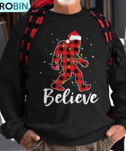 believe-plaid-bigfoot-christmas-light-sasquatch-santa-ugly-christmas-sweatshirt-1