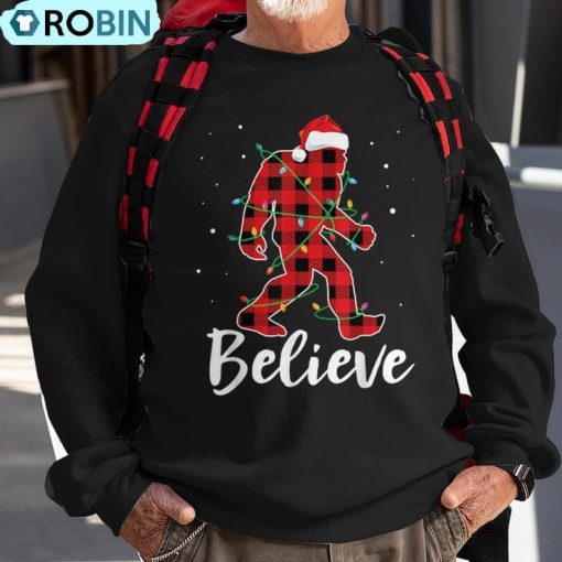 Believe Plaid Bigfoot Christmas Light Sasquatch Santa Ugly Christmas Sweatshirt