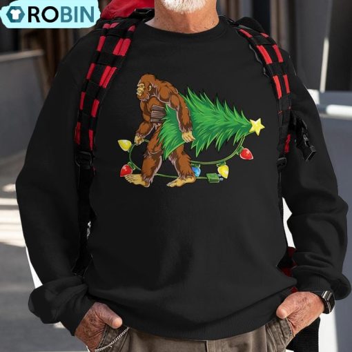 Bigfoot Christmas Tree Lights Xmas Boys Sasquatch Lovers Ugly Christmas Sweatshirt