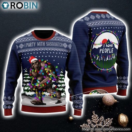 Bigfoot Santa Christmas Tree Lights Hate People Ugly Sweater Gift For Christmas