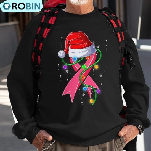 Breast Cancer Christmas Santa Hat Pink Ribbon Xmas Tree Snow Ugly Christmas Sweatshirt