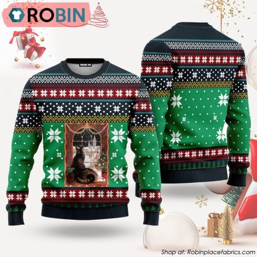 Cat Christmas Snow Window Ugly Christmas Sweater