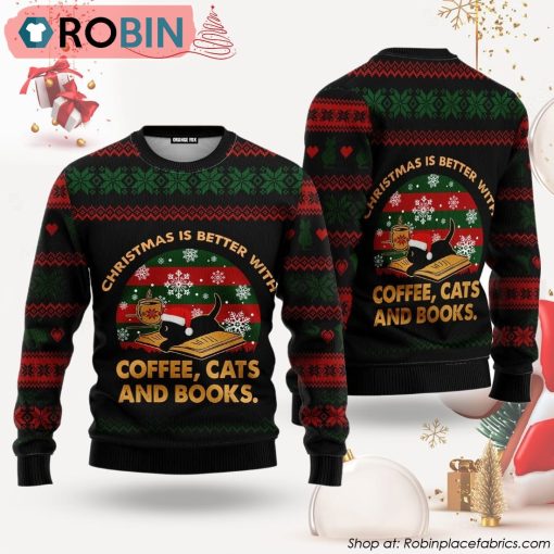 Christmas Better With Cat Coffee Books Black Red Ugly Christmas Sweater