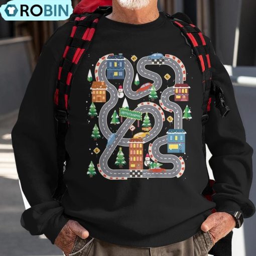 Christmas Playmat Car Race Track On Back Daddy Car Ugly Christmas Sweatshirt