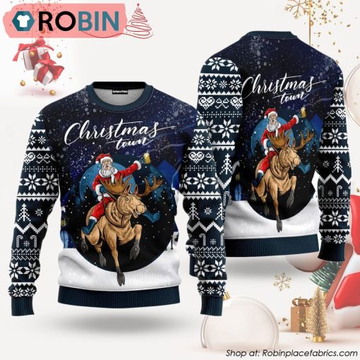 Christmas Town Santa Claus Rides Reindeer Ugly Christmas Sweater