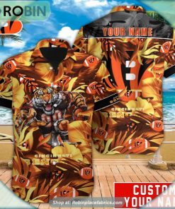 Cincinnati Bengals Tropical Leaf Mascot 3D Printed Summer Hawaiian Shirt Cincinnati Bengals Tropical Leaf Mascot 3D Printed Summer Hawaiian Shirt