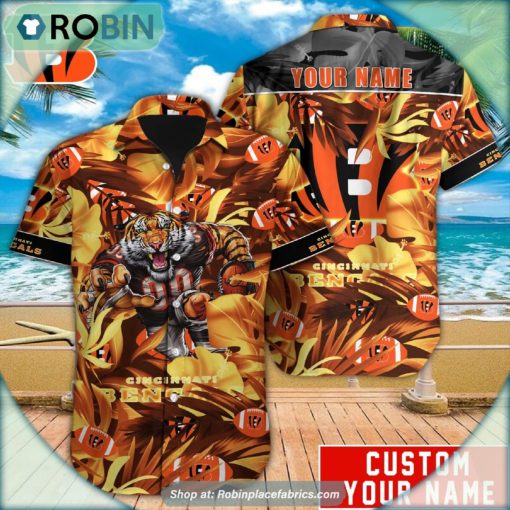 Cincinnati Bengals Tropical Leaf Mascot 3D Printed Summer Hawaiian Shirt