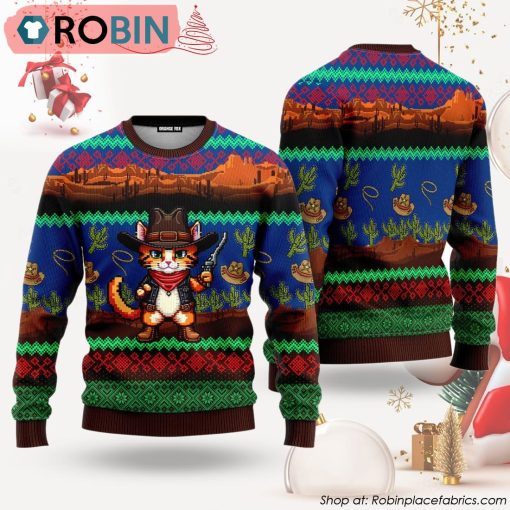 Cool Cat Cowboy Ugly Christmas Sweater