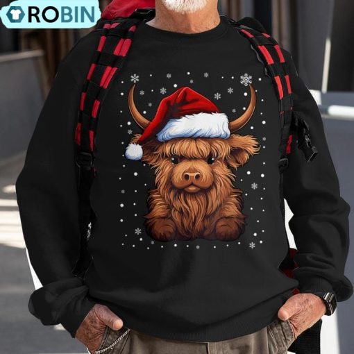 Cute Highland Cow Christmas Santa Hat Xmas Pajama Ugly Christmas Sweatshirt