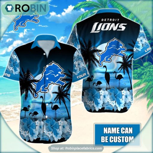 Detroit Lions Flamingo Tropical Leaf Pattern Hawaiian Shirt