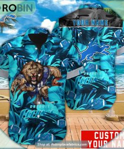 Detroit Lions Tropical Leaf Mascot 3D Printed Summer Hawaiian Shirt