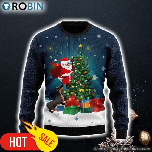 Dog Biting A Santa Claus In The Night Funny Family Ugly Christmas Sweaters