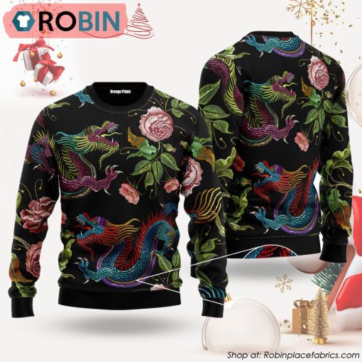 Dragons Flower Pattern Pullover Ugly Christmas Sweater, Xmas Gifts