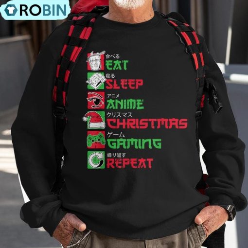 Eat Sleep Anime Gaming Christmas Pajama X-Mas Holiday Gamer Ugly Christmas Sweatshirt