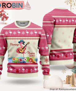 Flamingo Playing Guitar Pink Ugly Christmas Sweater
