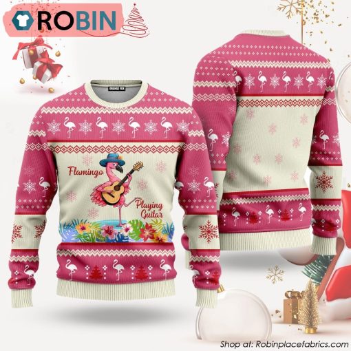 Flamingo Playing Guitar Pink Ugly Christmas Sweater