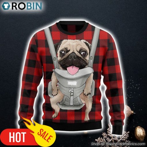 Front Carrier Dog Pug Ugly Christmas Sweater Funny Family Sweater Gifts
