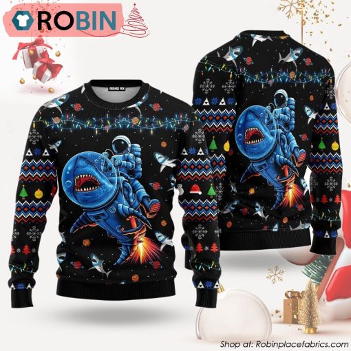 Funny Astronauts Ride A Shark In Space With The Planet Ugly Christmas Sweater