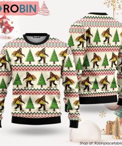 Funny Bigfoot Sasquatch Holding A Huge Slide Of Pizza Ugly Christmas Sweater