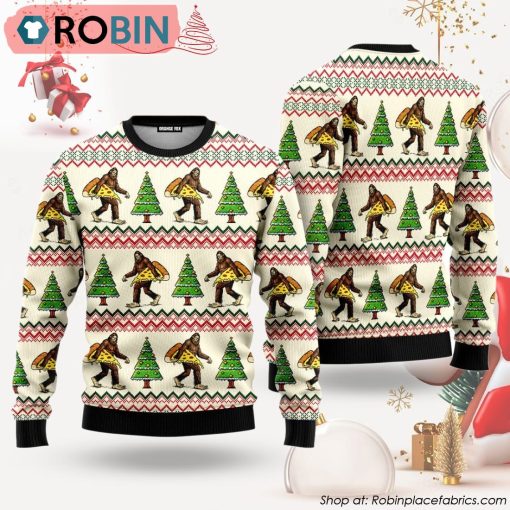 Funny Bigfoot Sasquatch Holding A Huge Slide Of Pizza Ugly Christmas Sweater