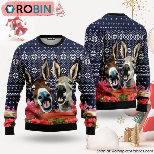 Funny Donkey Buddies Blue Red Ugly Christmas Sweater