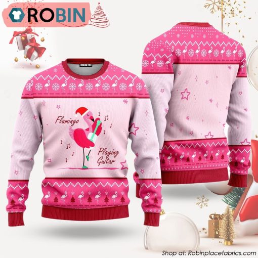 Funny Flamingo Playing Guitar Ugly Christmas Sweater