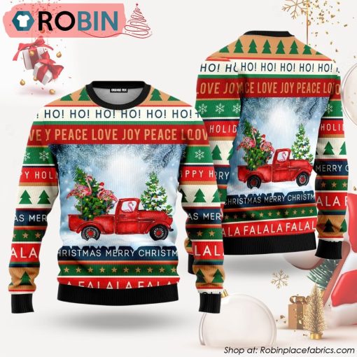 Funny Flamingo With Red Truck Christmas Holiday Ugly Christmas Sweater