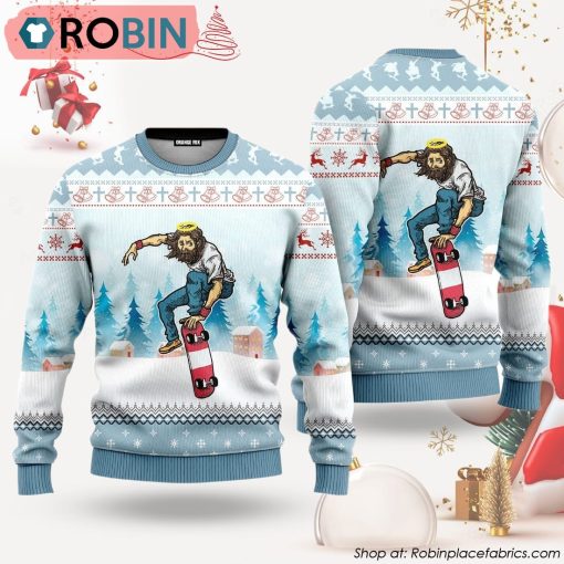 Funny Jesus Skateboarding Ugly Christmas Sweater