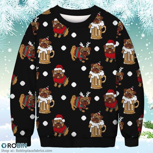 Funny Pug Dog Beer Merry Christmas Sweatshirt Christmas Ugly Sweater 3D Printed