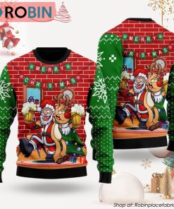Funny Santa Drink Beer With Reindeer Ugly Christmas Sweater